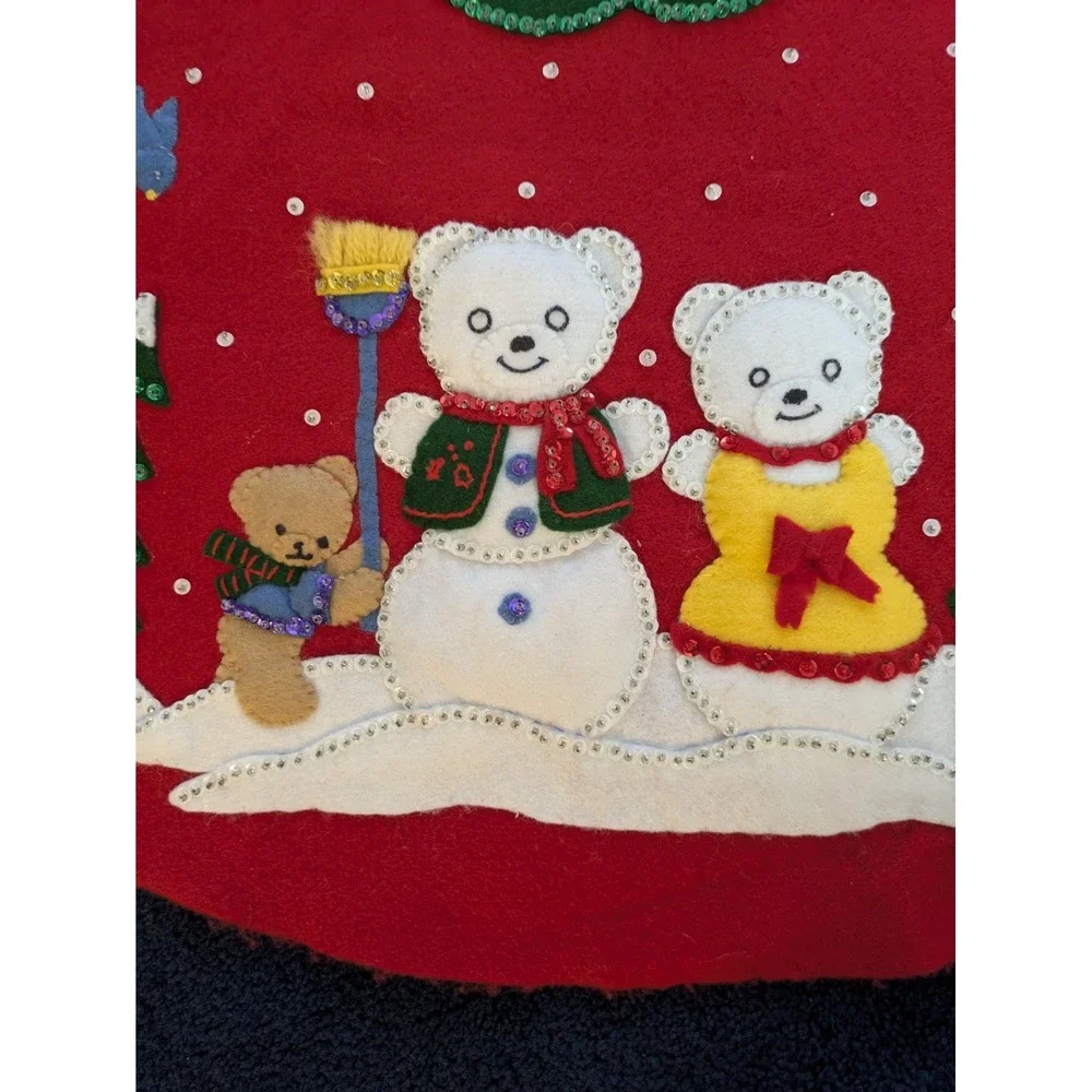 Christmas Tree Skirt Holiday Deco Felt Applique Bears Snowman Red 36